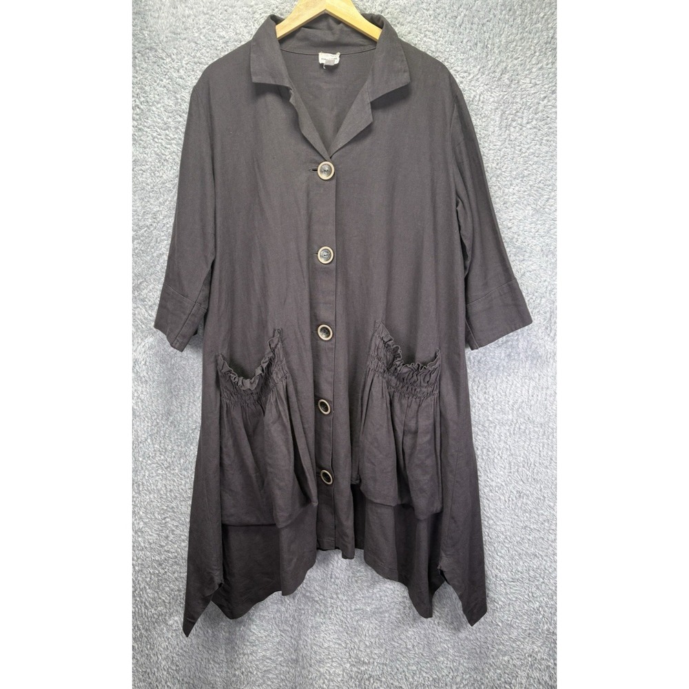 Lagenlook Linen Blend Tunic Dress Jacket Women XL Ruched Pockets Boho Artsy